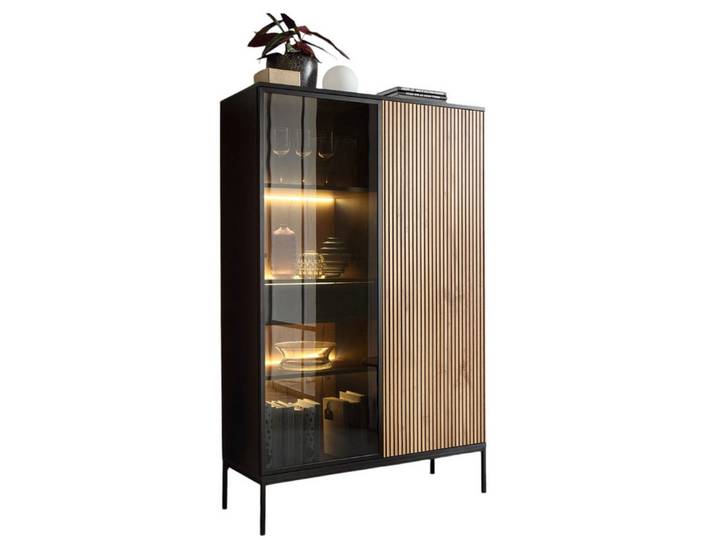Compleo Vitrine LINO Standvitrine mit Schublade, Fronten gefräst, Modern Wohnzimmer