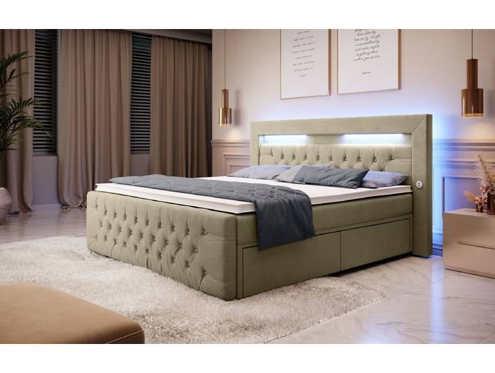 Boxspringbett Sunshine mit indirekter Beleuchtung, USB und Stauraum - 200x200 - Beige - H4 (100kg+) - Luxusbetten24