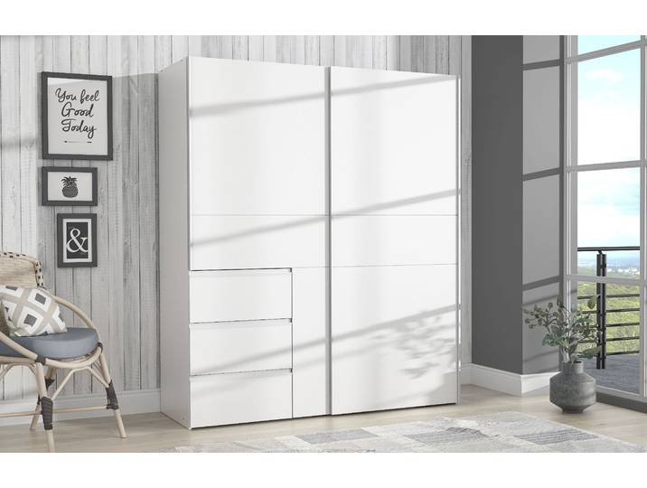 Schwebetürenschrank FORTE Winn, Schiebetürenschrank mit 3 Schubladen, Made in Europe , weiss (weiß), B:170cm H:200,5cm T:61cm, FSC-zertifizierter Holzwerkstoff, Schränke, Schwebetürenschrank, verschiedene Grössen und Farben, sehr viel Stauraum