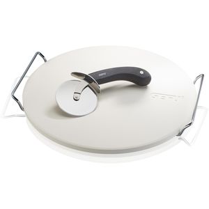 Gefu Pizzastein 14420, Set, bis 800 °C, aus Cordierit, für Backofen & Grill, mit Pizzaschneider & Gestell, Ø 33 cm