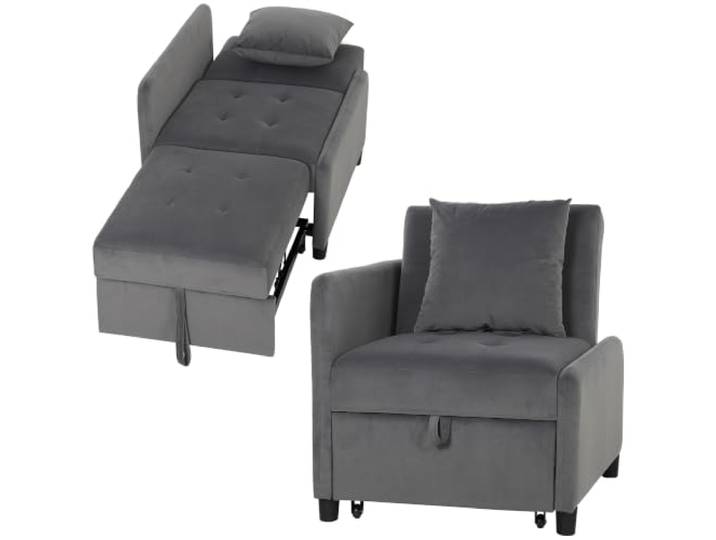 HOMCOM 4-in-1 Schlafsessel zum Ausziehen, multifunktionaler Klappsessel mit samtähnlichem Bezug, Verstellbarer Rückenlehne und breiter Sitzfläche, für Wohnzimmer, dunkelgrau