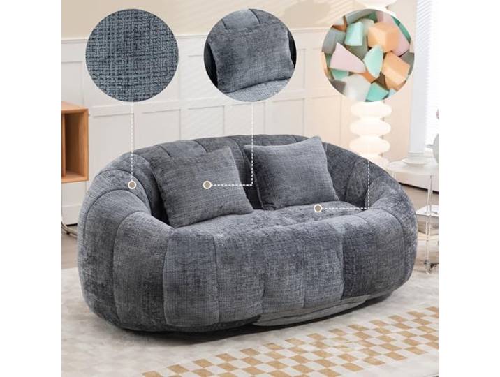 Ball & Cast Sitzsack, Durable Komfort Chenille Lazy Bag, Beanbag Chair mit 2 Kissen für Schlafzimmer, Büro, Grau, 2 Sitze