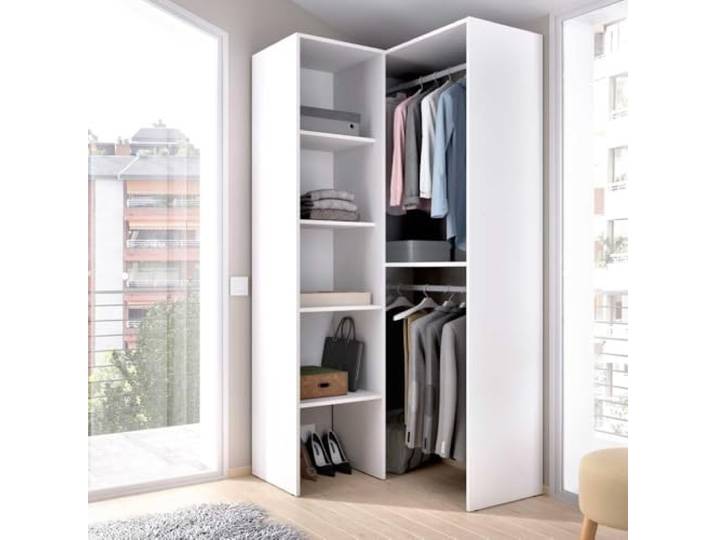 ECKKLEIDERSCHRANK Zebra - Weiss Eckkleiderschrank mit 2 Kleiderstangen und Regalen. Optimiert den Raum. Große Lagerkapazität.
