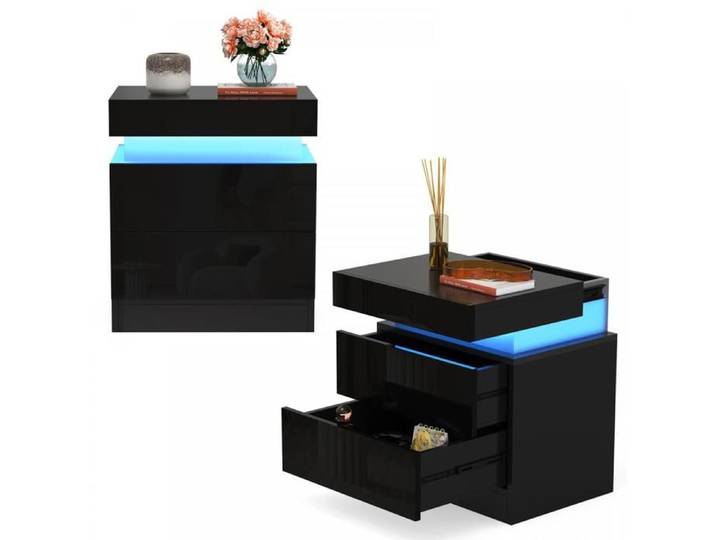 KEDIA Table de Chevet 40x35x52cm Lot de 1 Noir Avec Multiprise Couvercle Coulissant 2 Tiroirs Bande LED Style Moderne