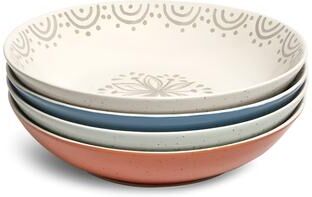 Sango Siterra Glazed Garden 4-Piece Speckled Stoneware Pasta Bowl Set- Wide Shallow Dinner Bowls with Hand-Painted Rustic Design