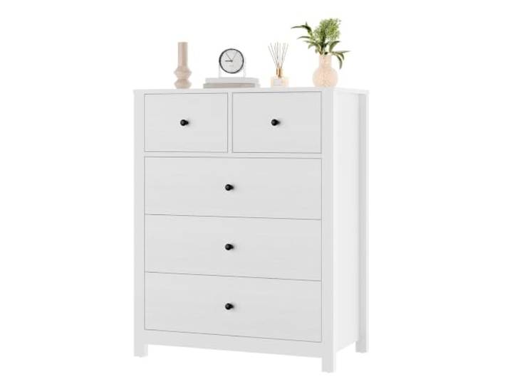 Euker Hohe Kommode mit 5 Schubladen und Metall Knöpfe, 74 x 40 x 94 cm Holz-Schubladenschrank tiefe Stauraum-Schubladen, Metallknöpfe, Weiß