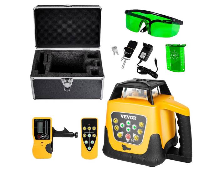 Niveau laser rotatif VEVOR\, faisceau vert\, portée 500 m\, inclinaison réglable\, rotation 360°\, nivellement automatique\, mesure précise\, télécommande\, récepteur et sac de transport inclus