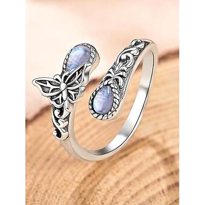 Verstellbarer Silberring für Damen mit Mondstein und Kristall, Vintage-Schmuck aus Bohème für Verlobung, Jahrestag und den Alltag