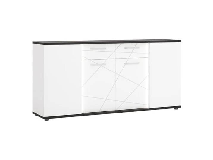 Lomadox Sideboard Kommode 182cm in weiß Hochglanz mit Eiche schwarz, inkl. Beleuchtung