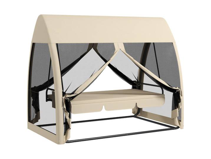 ComfortXL 3-Sitzer-Terrassen-Schaukel De-06970 mit Bettfunktion und Mückennetz, Kaffee, Mokka, Metall, 140x197x240 cm, Gartenmöbel, Gartenschaukeln, Hollywoodschaukeln
