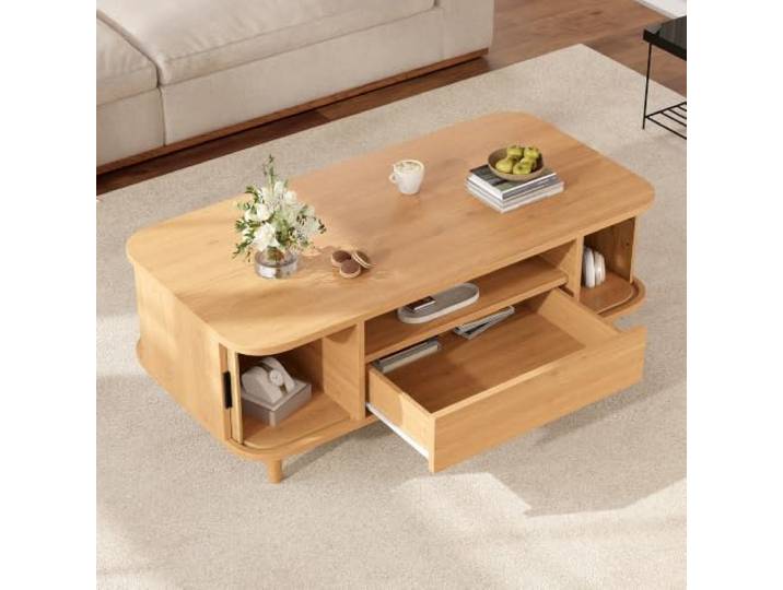 Merax Couchtisch mit Stauraum, 100x50x35 cm, Natürlich Mit 1 Schublade, 2 Rolltüren, offenem Fach und vier Eckfächern für praktische Aufbewahrung im Wohnzimmer.