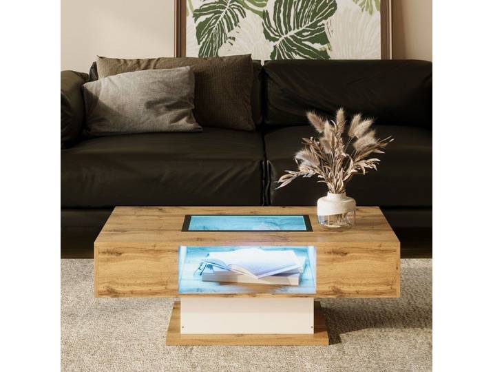Table basse bois 110x60x40cm Table basse salon avec 1 Compartiment 2 Tiroirs et Éclairage LED - naturel