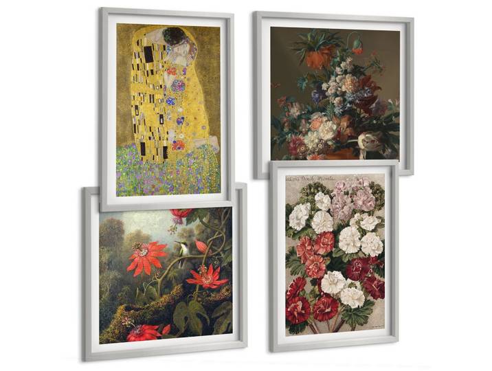 BILDER SET 4er Set - 50x50 cm & 40x60 cm Silberner Rahmen - Blumen des Baumes (Gemälde von Klimt)