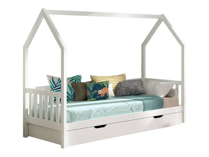 58 aufm Kessel Kinderbett Hausbett Kandace 90x200 Kiefer massiv weiß mit Dachaufbau & Schublade (inkl. Versand, Lieferung bis Verwendungsstelle), Hausbett mit Bettschublade für zusätzlichen Stauraum oder Gäste