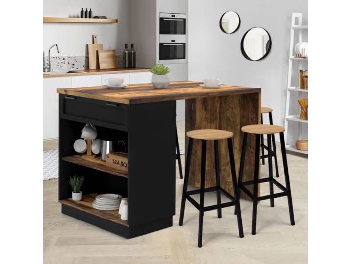 IDMARKET Ilot central mange-debout 4 personnes VITO 130 cm noir et effet bois foncé HAWKINS