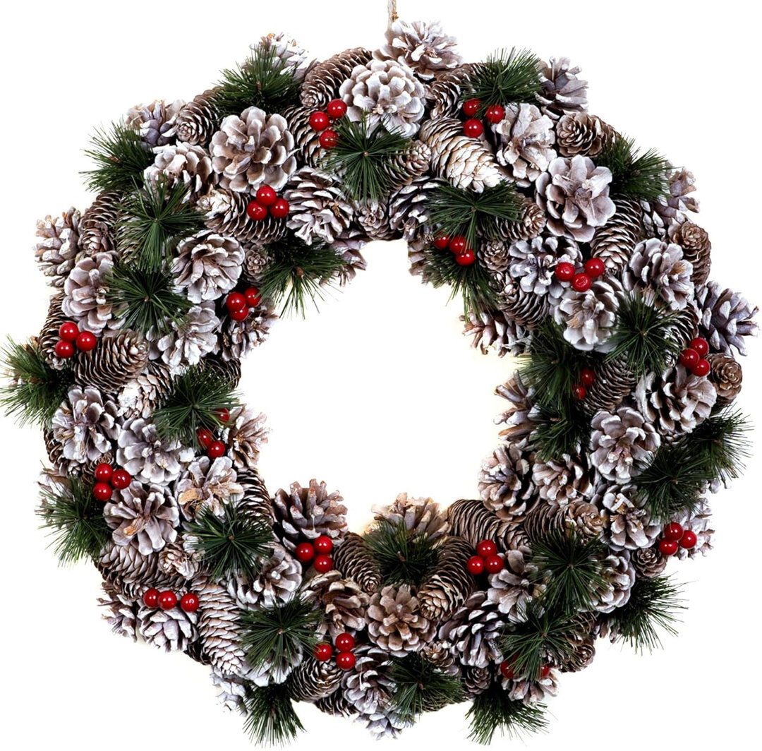 The Seasonal Aisle Christmas Hanging Wreath- Festive Pine Cone Display with Subtle White Frosting Green 48cm x 48cm