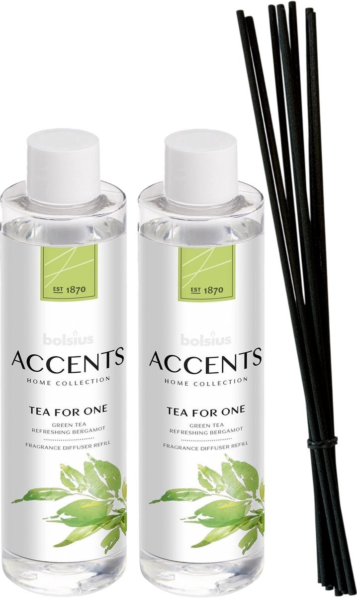 Bolsius Accents Navulling Voor Geurstokjes Tea for One - 2 x 200 ml - Inclusief 8 Fiber Geurstokjes