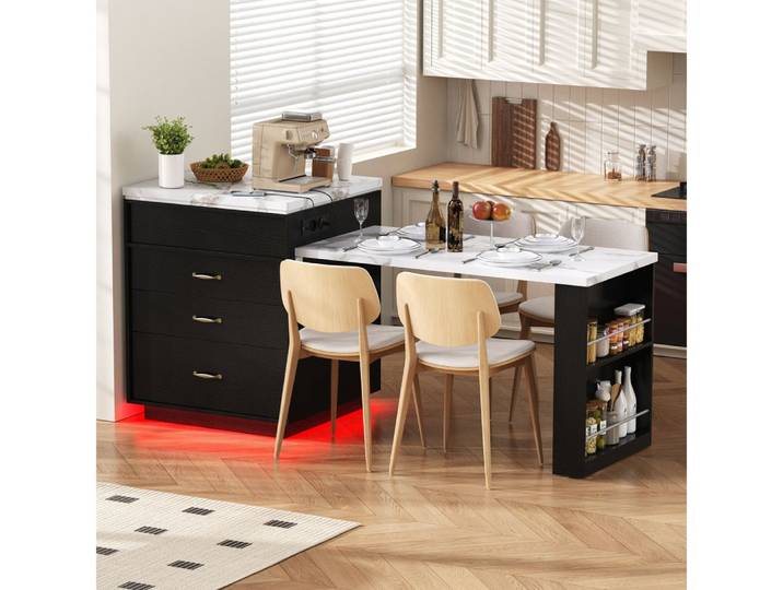 BBWL Kücheninsel mit Rollen Ausziehbarer Esstisch mit LED-Beleuchtung, Steckdosen, Kücheninsel, Sideboard und Bartisch