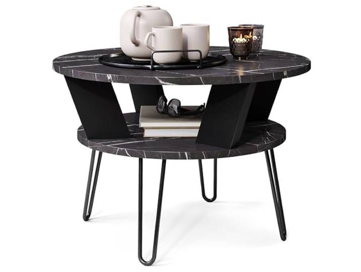 Viosimc Runder Couchtisch mit Ablage, Stahlbeine, moderner Wohnzimmertisch in Holzoptik – Schwarz Marmor (Schwarz Marmor)