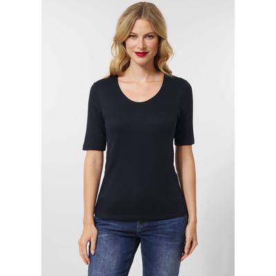 T-Shirt STREET ONE "Style Palmira", Damen, Gr. 42, blau (tiefblau), Jersey, Obermaterial: 50% Baumwolle, 50% Modal, unifarben, Basic, körpernah hüftlang, V-Ausschnitt, eingesetzt abgesteppt, Shirts T-Shirt, im Basic-Style