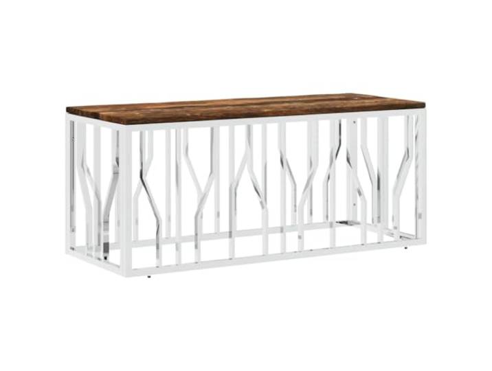 Tmriohed Couchtisch Edelstahl Massivholz Altholz 110x45x45 cm Stylischer Wohnzimmertisch aus echtem Recyclingholz und silbernem Metallgestell für Ihr Zuhause