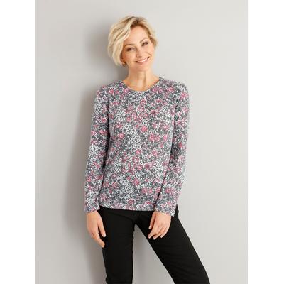 Print-Shirt CLASSIC BASICS "Druck-Shirt", Damen, Gr. 40, weiß (weiß, gemustert), 60% Polyester, 35% Viskose, 5% Elasthan, geblümt, gemustert, mehrfarbig, Rundhals, Shirts