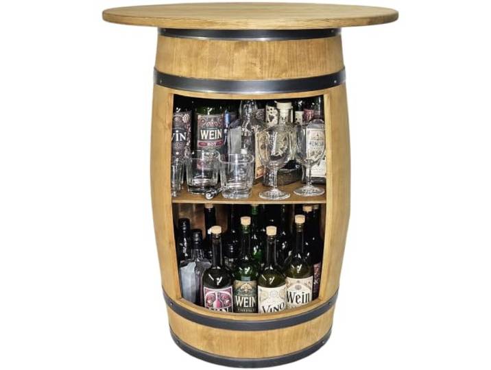 kadamahu Barfass mit Klappplatte 62 cm, Helle Eiche, 83 cm, offene Front Zwei Ebenen für bis zu 40 Weinflaschen à 0,75 l; Erlenholz, direkter Zugriff, Platz für Cocktailglas, Weinbrand und Gin