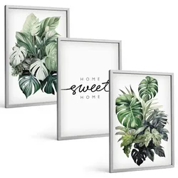 BILDER SET 3er Set - 40x60 cm Silberner Rahmen - Pflanzen mit der Aufschrift „Sweet Home“