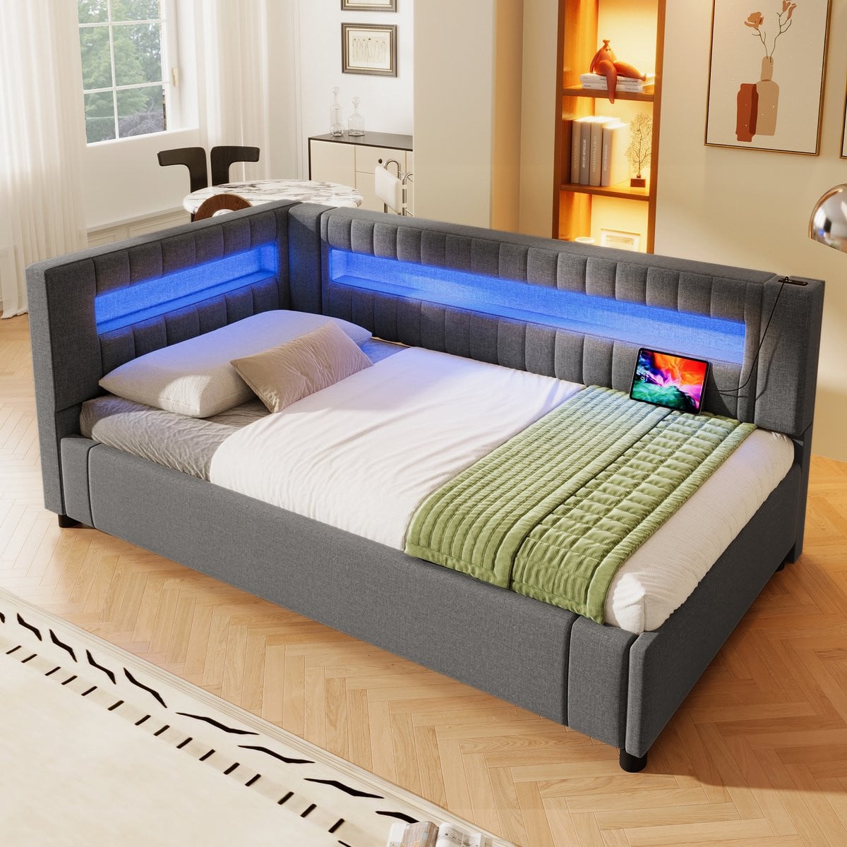 MODFU Bedframe met hydraulische opbergruimte en LED-verlichting, grijs, linnen en MDF, 90x200 cm