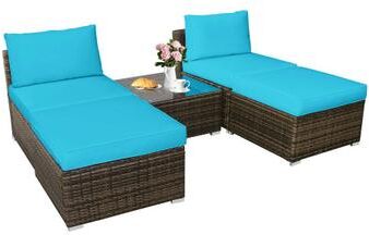 Costway 5 Pieces Patio Rattan Furniture Set with Cushioned Armless Sofa-Turquoise