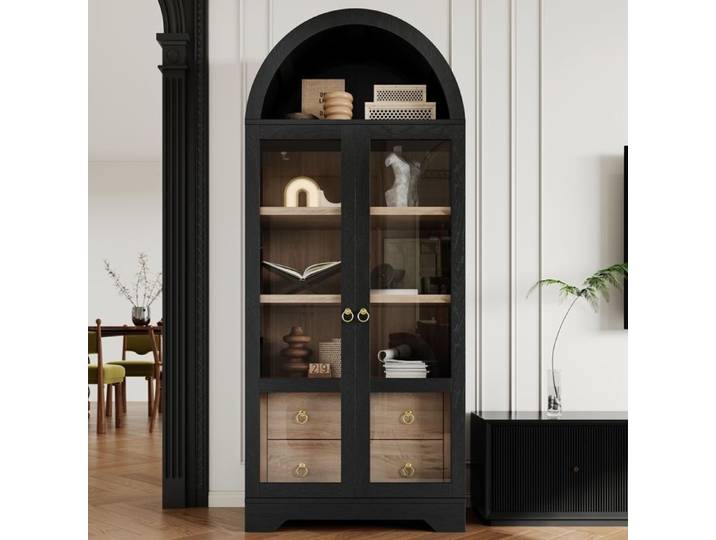 Armoire Vitrine Cintrée-Meuble de Rangement-Buffet de Haute-2 étagères réglables-2 Portes vitrées-2 Tiroirs-Cuisine et salon-Noir