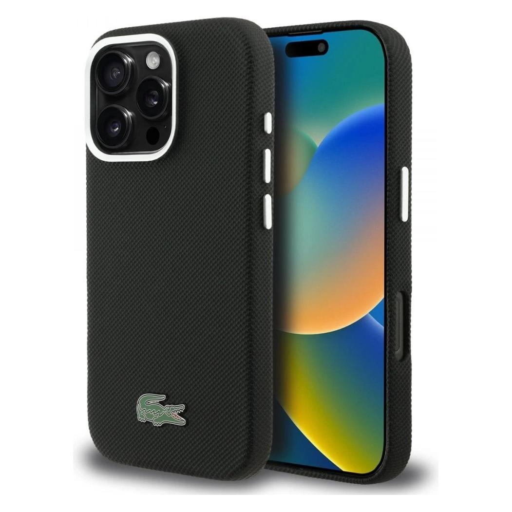 Lacoste PVC Iconic Petit Pique Metal Logo MagSafe Rückseite für iPhone 16 Pro Schwarz (Apple iPhone 16 Pro) (LCFCMP16LPLAK)