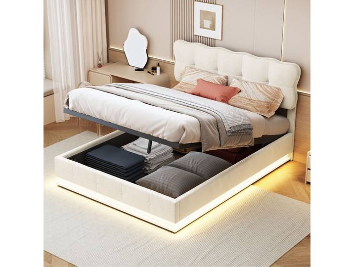 Lit Coffre 140x200 Lit double coffre avec LED Lit 140x200 cm avec rangement et tete de lit Lit capitonne avec sommier Velours Beige
