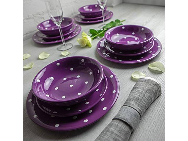 City to Cottage- Teller Set 12-teilig Lila und Weiß Polka Dots Handgemacht Keramik Geschirr Set Essgeschirr Service 4 Personen