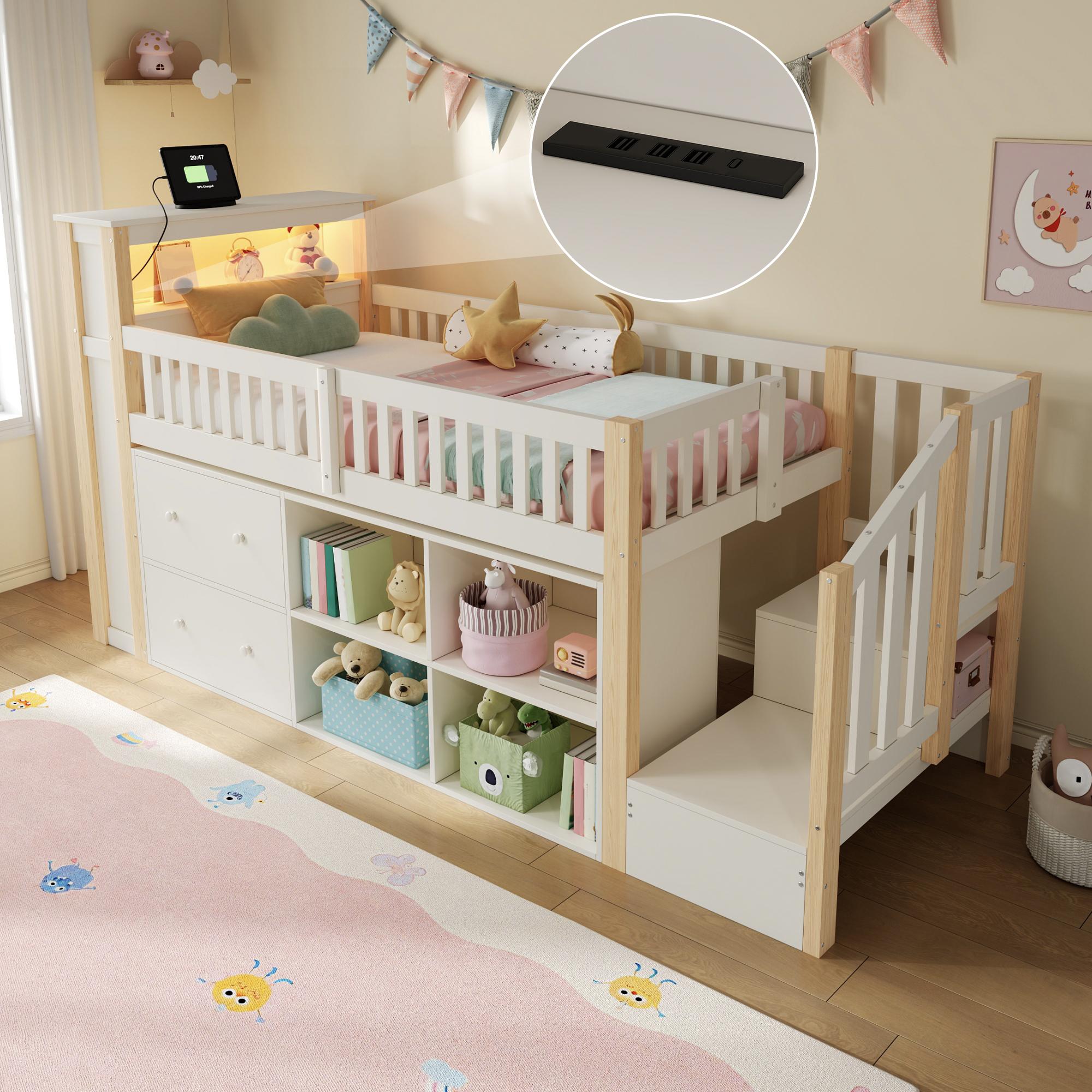 Hochbett 90 x 200 cm mit Tisch, Leiterschrank, Schubladen, Staufächern, LED-Beleuchtung, USB & USB-C, Kiefernholz/MDF, Natur/Weiß