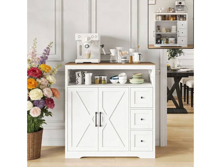 Buffet Cuisine - Buffet Salle à Manger avec 3 Tiroirs - Buffet Bois avec Plan de Travail Résistant & Étagères Réglables - Blanc