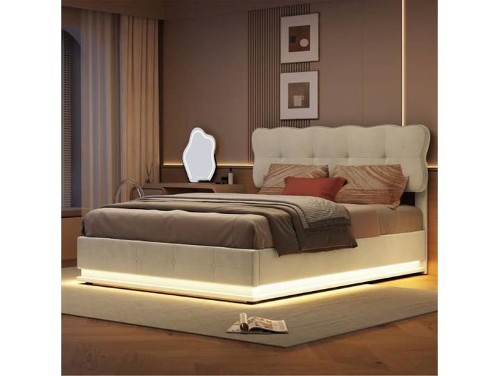 Lit coffre double 140x200 avec sommier à lattes - Marque - Modèle - Couleur beige - Éclairage LED