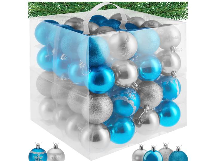 64 Christbaumkugeln unzerbrechlich in Silber/Blau - silber/blau