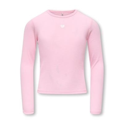 Langarmshirt KIDS ONLY "KOGELVA JUNE EMB L/S TEE JRS", Mädchen, Gr. 122/128, rosa (pink lady detail:heart, cloud dancer, emb), Jersey, Obermaterial: 65% Polyester, 30% Viskose, 5% Elasthan, bedruckt, normal, Rundhals, Shirts Langarmshirt, Materialmix