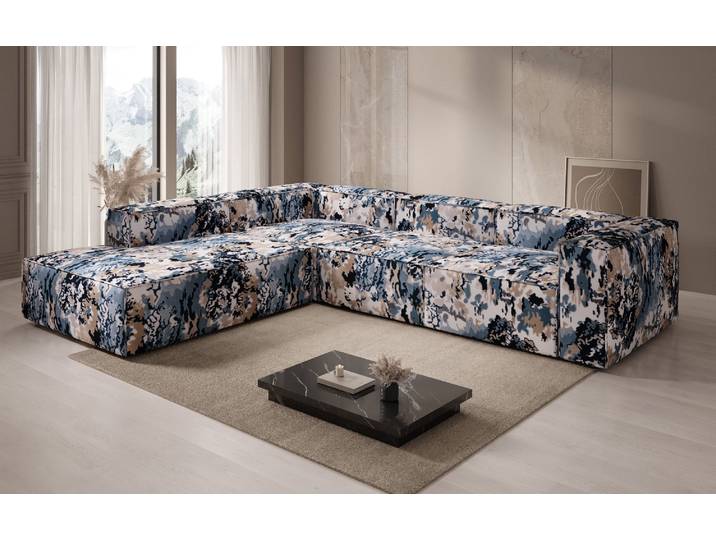Designer Ecksofa Lesley mit langer Ottomane - Jacquard mit Aquarell-Muster - Raw Sienna - Rechts - Jacquard - Luxusbetten24