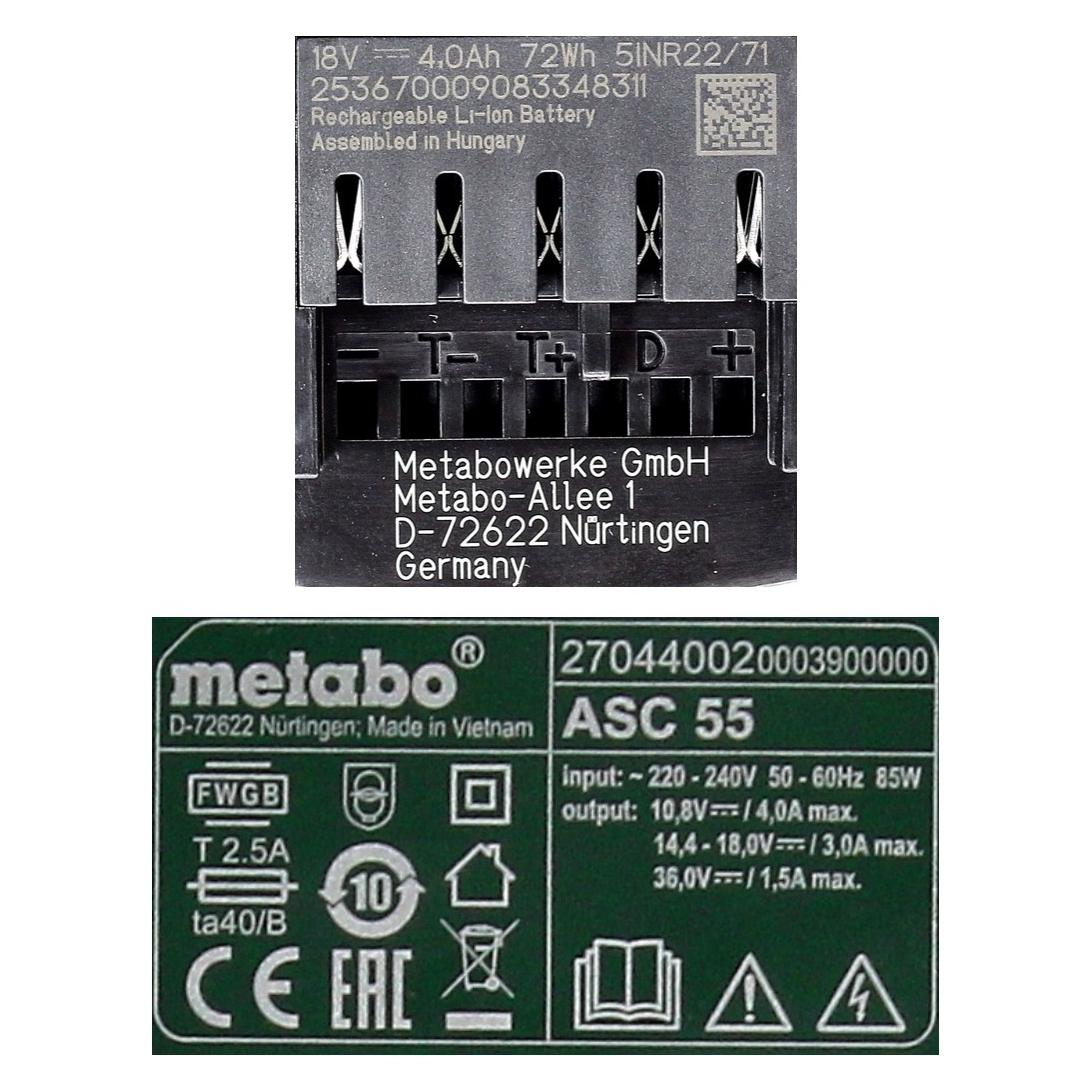 Metabo Akku Basis Set 18V mit 2x Akku LiHD 4,0Ah + Ladegerät ASC 55 ( 685163380 ) (18 V) (21134016)