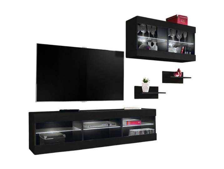 Komodee Wohnwand 4-er Set, Tivoli Set3 Schwarz + Schwarz, Offener Raum, 5 Fächer, 240x195x35 cm, Wohnzimmer, Wohnwände