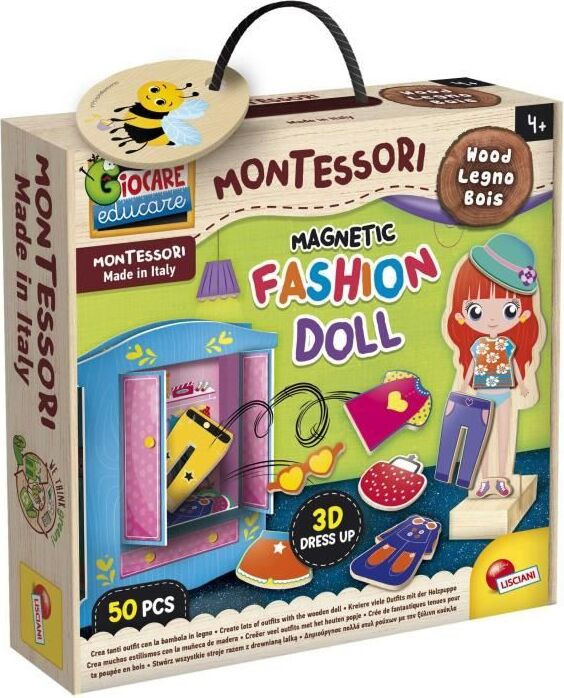 Liscianigiochi Magnetische houten aankleedpop Montessori speelgoed voor creatief mode- en fantasiespel