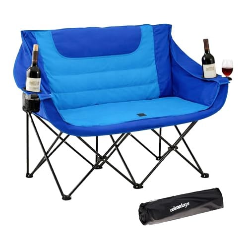 Relaxdays opvouwbare tweepersoons campingstoel met armleun, blauw