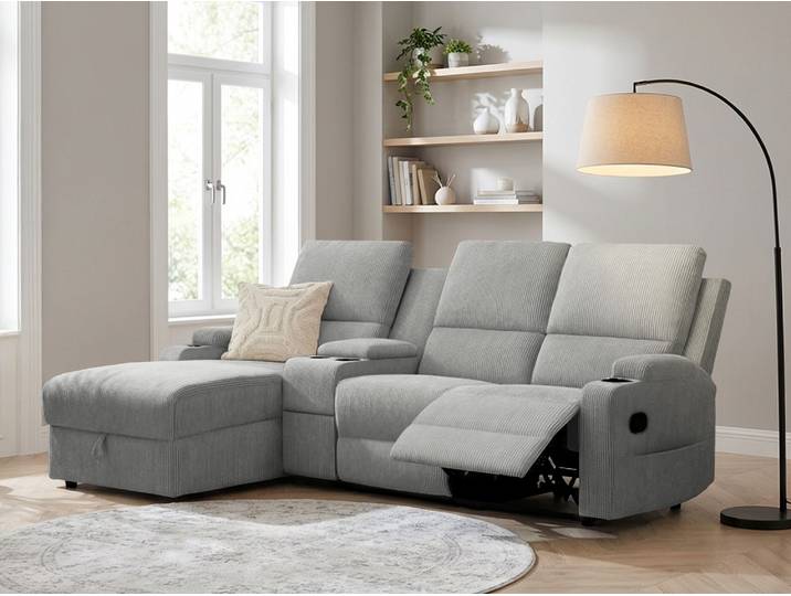Ecksofa GOODPRODUCT NAPORI Cord, Multimediasofa, 3er Kinosessel XXL, L-Form , grau, B:240cm H:102cm T:155cm, 100% Polyester, Sofas, Ecksofa, Kinosofa, manuelle o. elektr. Relaxfunktion, Staufach, Getränkehalter