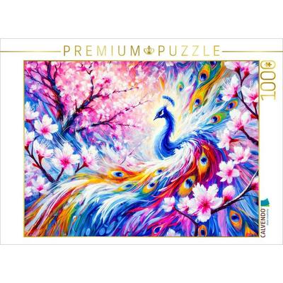 CALVENDO Puzzle Abstrakter Pfau mit Pfirsichbaum in farbenfroher Ölmalerei | 1000 Teile Lege-Größe 64x48cm Foto-Puzzle für glückliche Stunden