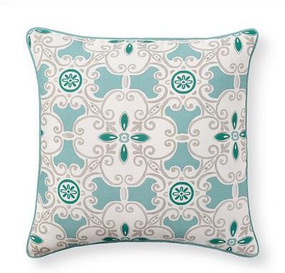 "Medallion Piped Outdoor Pillow - 16"" Square, 16"" Square/Medallion Aquatic - Grandin Road"