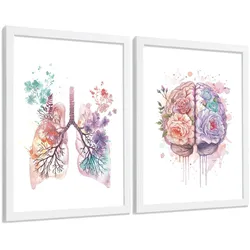 POSTER Set aus 2 Anatomie Mensch Drucke und mit Lungen Luftröhre Bronchien und Gehirn Pastellfarbenes Florales Aquarell Größe Weißer Rahmen A4