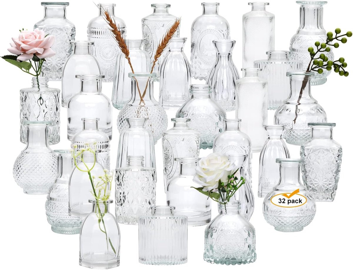 Set van 32 transparante mini glazen vaasjes met vintage reliëfpatroon