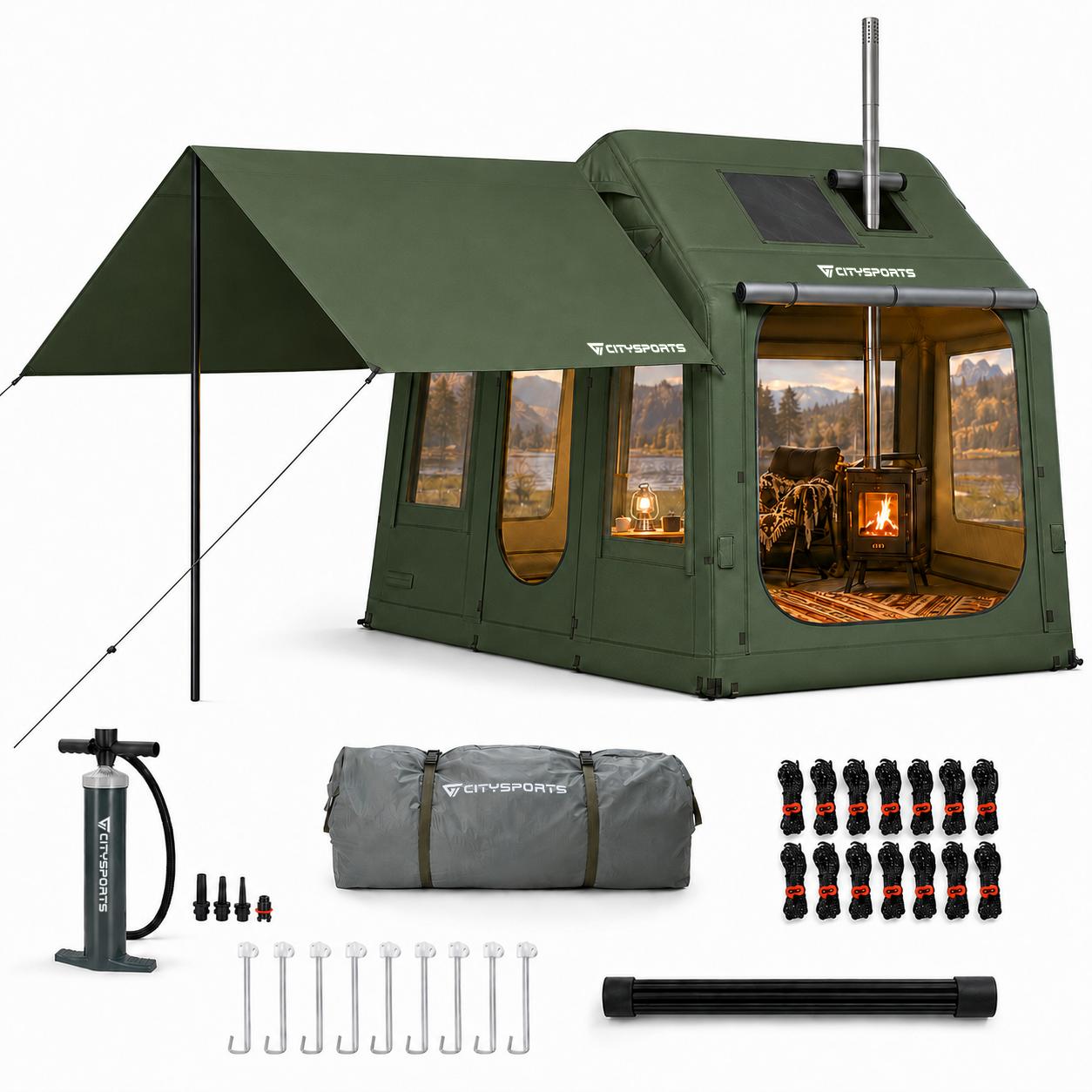 CITYSPORTS Aufblasbares Zelt für 4 Personen, Luftzelt 315 × 246 × 220 cm mit Tarp, Kaminöffnung, 2 Dachfenstern, 300D Oxford und Handpumpe